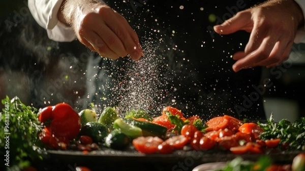 Fototapeta A chef sprinkles seasoning over fresh vegetables in a culinary setting.