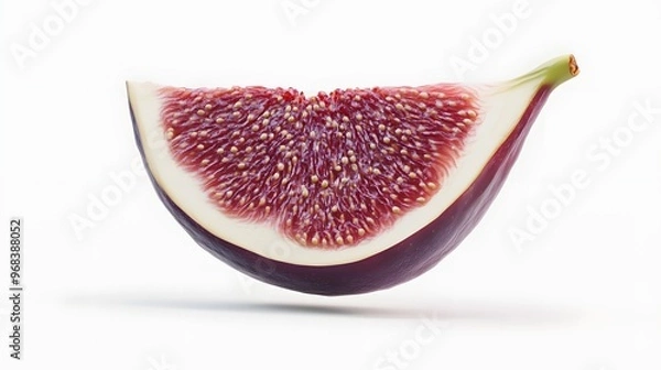 Fototapeta 24. **A 3D render of a falling slice of fig, its deep purple skin and rich, seeded interior detailed against a clean white background