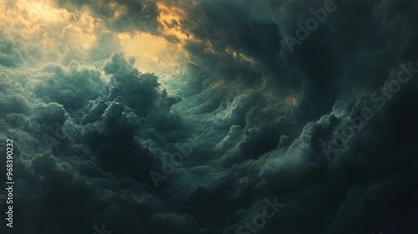 Fototapeta The sky is dark and cloudy, with a few rays of sunlight peeking through