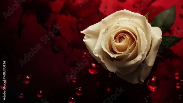 Fototapeta White rose on red background with water