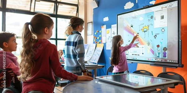Obraz Children using smartboard in classroom | Interactive learning with modern technology





