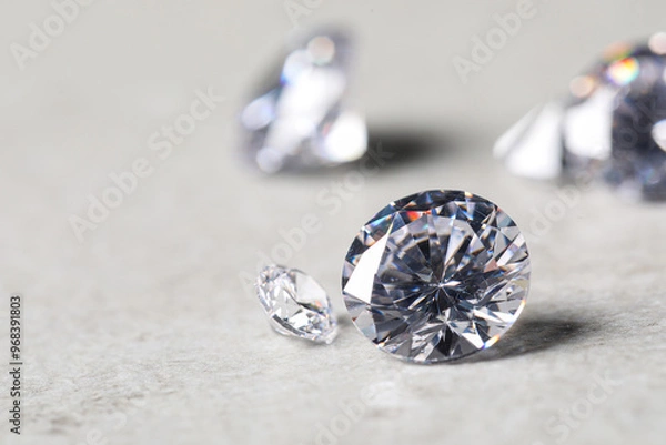 Fototapeta Many beautiful shiny diamonds on light background, closeup