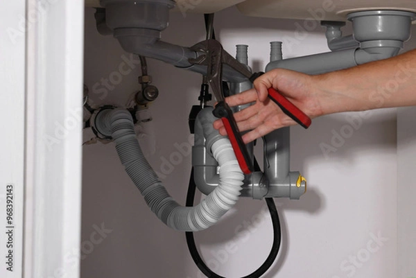 Fototapeta Professional plumber fixing piping system at home, closeup