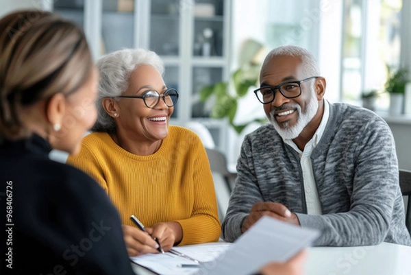 Obraz Senior married african american couple meeting with a financial or retirement female advisor in the office