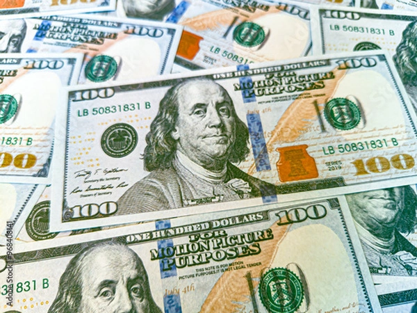 Fototapeta 100 american dollars cash in full frame photo. dollar Benjamin Franklin, currency concept, investment, wealth money, medium of exchange, american taxes, luxury, greed, hard work, dollar business