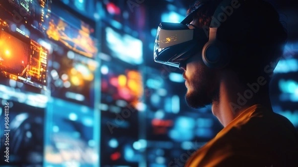 Fototapeta Close up of man's face wearing VR headset with a bright futuristic background behind.