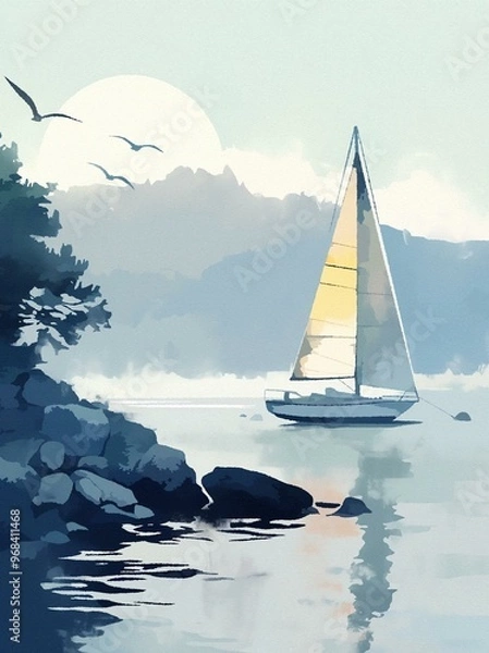 Fototapeta Yacht by the Harbor Illustration