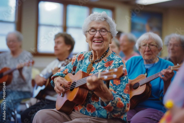 Fototapeta Seniors Enjoying Ukulele Class Together in Brightly Lit Room