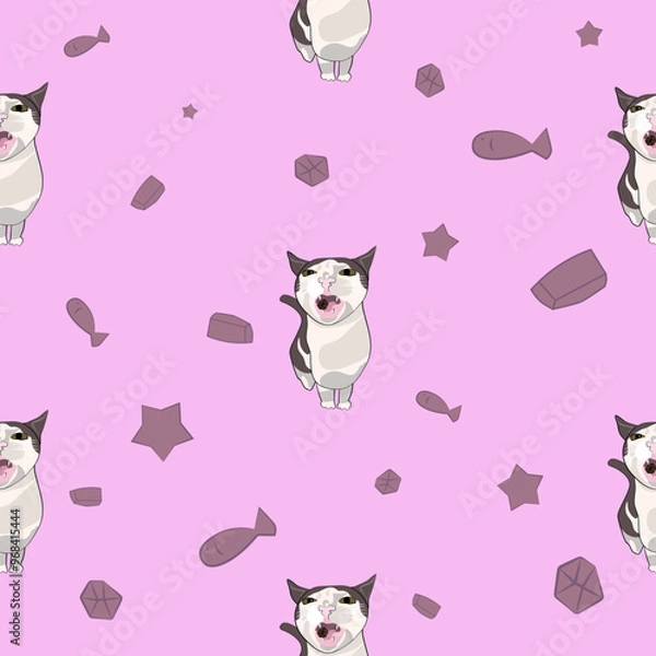 Fototapeta A pattern (infinite picture) of a cat meme - a cat crunching or eating dry food. The illustration is made in pastel colours. The picture conveys a joke, humour, meme, pleasure.
