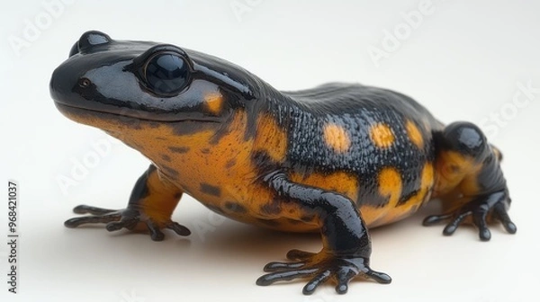 Obraz Salamander crawling on a white background, showcasing its smooth, wet skin