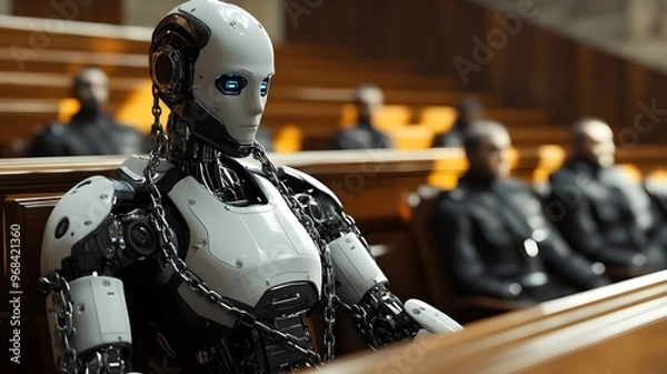 Fototapeta A futuristic courtroom scene where an AI robot, shackled in chains, stands trial, representing the complex issue of AI and legal responsibility