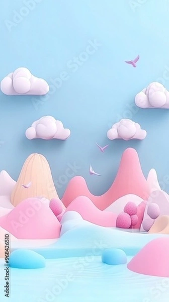 Fototapeta Empty 3D cartoon background for kids, colorful landscape, vibrant and playful setting
