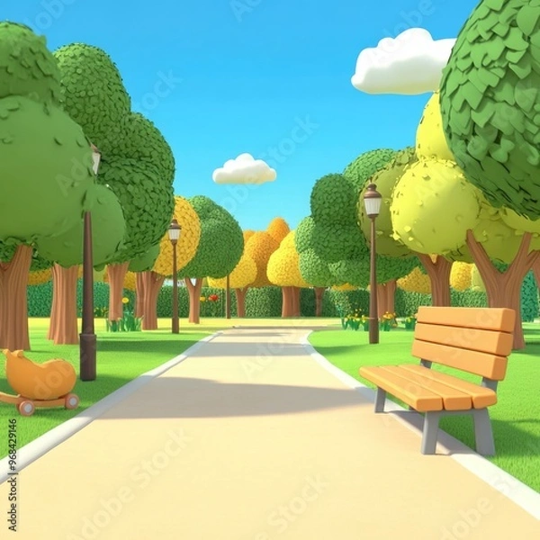 Fototapeta Empty 3D cartoon background for kids, colorful landscape, vibrant and playful setting
