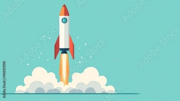Fototapeta A vibrant rocket launching into the sky, symbolizing innovation and exploration in technology and the cosmos.