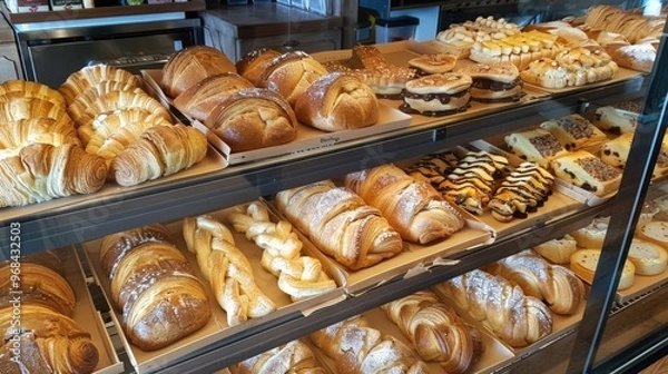 Fototapeta Bakery display case filled with fresh pastries and bread
