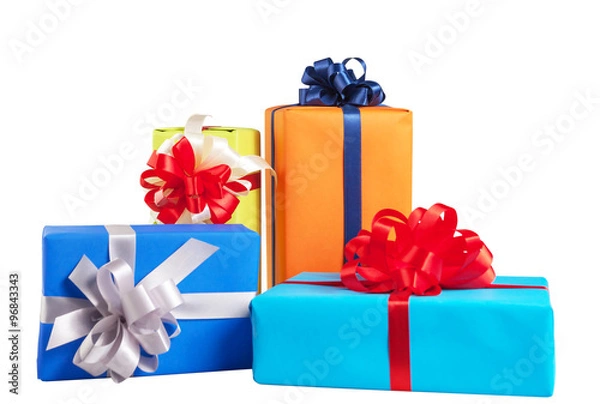 Obraz Piles of gift boxes wrapped in colorful paper, ribbon, bow ,Isolated on white. for anniversary, new year, birth day
