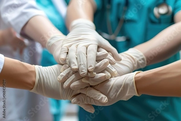 Fototapeta Group of Surgeon medical team coordinate Stacking Hands.Team of doctors and nurses work together to fight against diseases and viruses