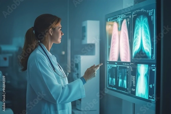 Fototapeta Female doctor pointing at lungs radiography on a digital screen, highlighting the importance of early diagnosis for breast cancer awareness