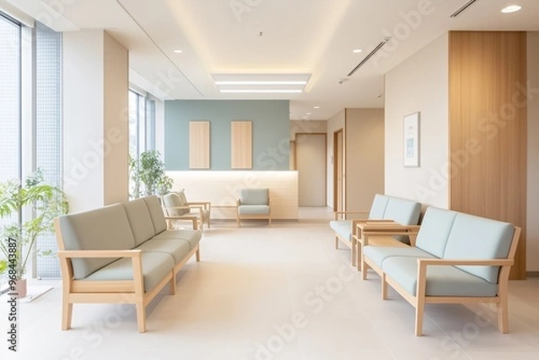 Fototapeta Modern and minimalist hospital waiting room with comfortable seating, bathed in natural light