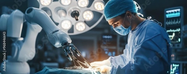 Fototapeta Surgeon utilizing robotic technology in a high-tech operating room, ensuring precision and safety during surgery.