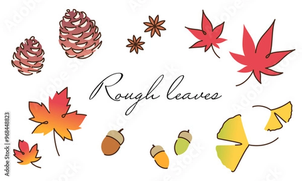 Obraz 秋モチーフセット：松ぽっくり、落ち葉、どんぐり、イチョウ、メープルリーフ