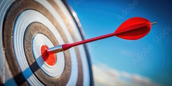 Fototapeta Closeup of a red arrow hitting the center of a target, bullseye, success, achievement, goal, focus