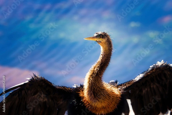 Obraz An anhinga drying his feathers by a lake.