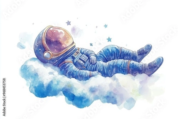 Obraz A cute watercolor illustration of an astronaut sleeping peacefully on a fluffy cloud with stars in the background. It symbolizes dreams, space exploration, childhood innocence, and the wonders of the 