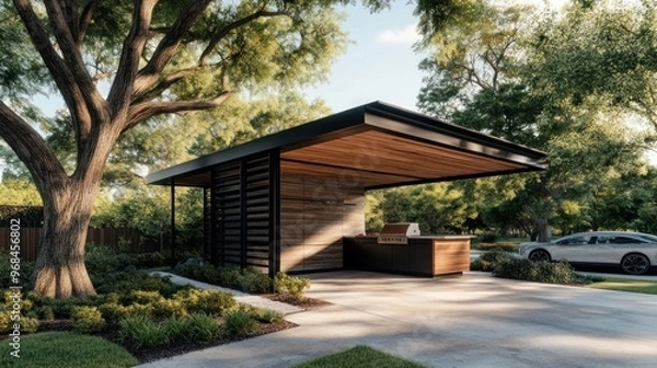 Fototapeta Modern Carport Transformation: Sleek Industrial Design with Compact Kitchen for Outdoor Entertaining