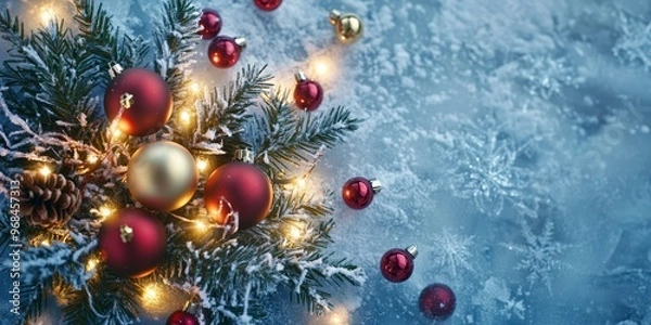 Fototapeta Merry Christmas and Happy New Year bright colorful composition. Xmas background with festive decorative elements. Festive banner and web poster, greeting card, flyer and brochure