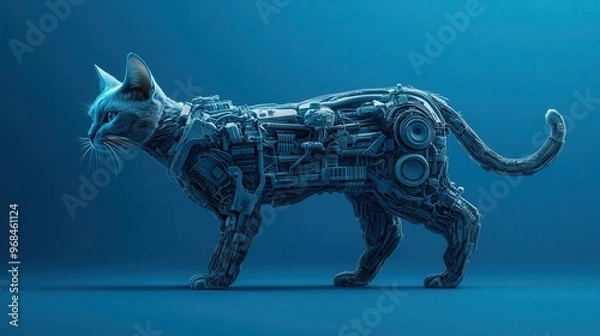 Fototapeta A futuristic robotic cat seamlessly blends technology and feline grace in a sleek blue environment.