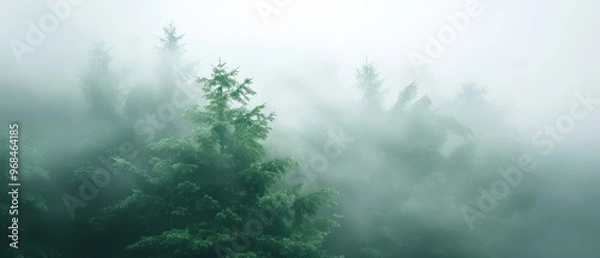 Fototapeta Misty Emerald Forest, a tranquil woodland shrouded in soft fog, where lush green trees create an enchanting atmosphere, inviting exploration and reflection.