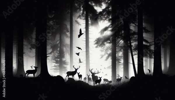 Obraz Silhouettes of animals such as deer, wolves, and birds in a dense forest at dawn, with mist and fog creating a mystical atmosphere