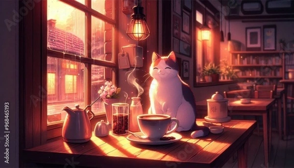 Obraz lofi style, cat sitting beside windows with a cup of hot coffee