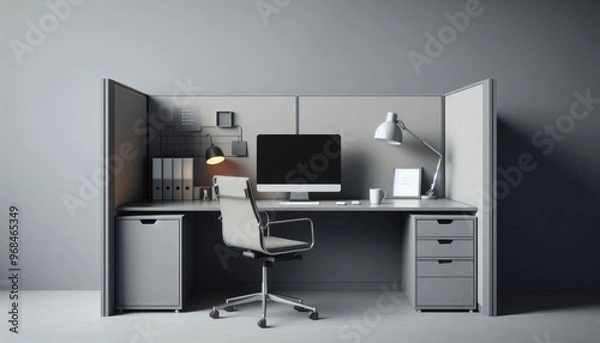Fototapeta A basic office cubicle with a desk, a computer, and a chair, minimal accessories, gray walls