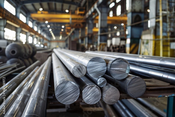 Fototapeta An industrial setting filled with neatly stacked steel pipes, highlighting the raw materials used in manufacturing, conveying a sense of strength and durability.