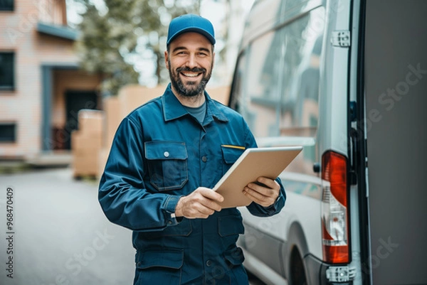 Fototapeta Smiling delivery man with packages and tablet