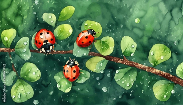 Fototapeta Ladybugs on a branch with droplets