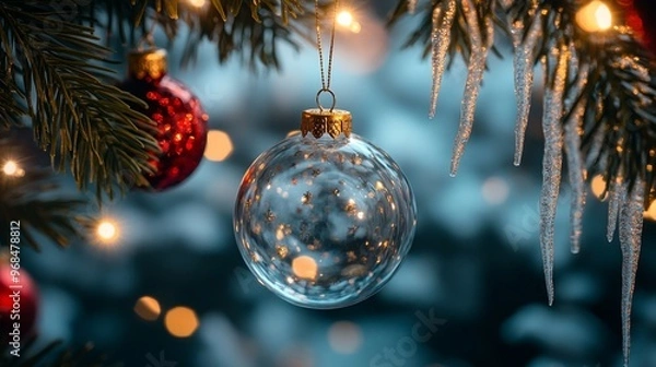Fototapeta Merry Christmas and Happy New Year bright colorful composition. Xmas background with festive decorative elements. Festive banner and web poster, greeting card, flyer and brochure