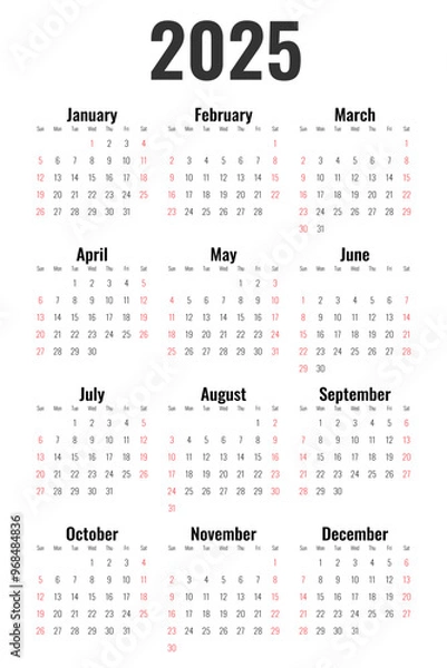 Fototapeta Calendar 2025 starts from Sunday. Minimalist, Clean, Simple and Modern Design. One page Calendar