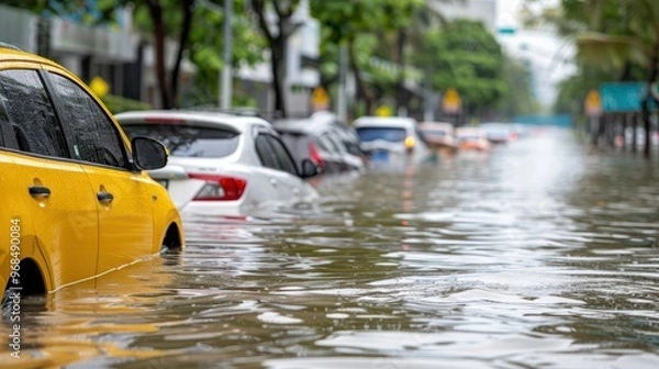 Fototapeta Several cars partially submerged in water on a flooded urban street, with buildings and trees in the background.