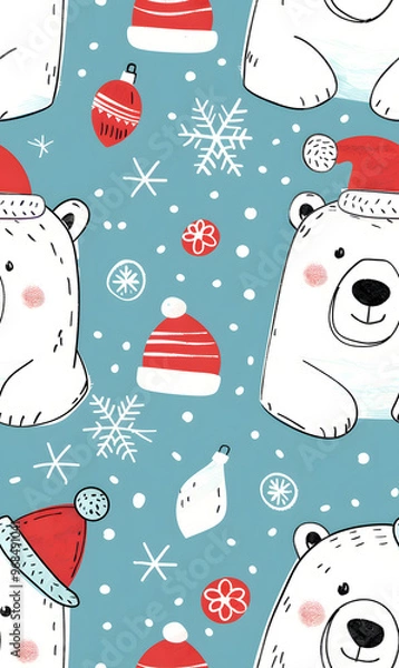 Fototapeta New Year's and Christmas festival seamless pattern in a 2D doodle illustrator style on pastel color backgrounds for graphic advertising.