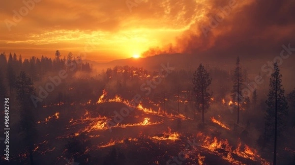 Fototapeta Great wildfire burning the a large forest, global crisis of climate change, protecting the world from global boiling crisis , Generative AI