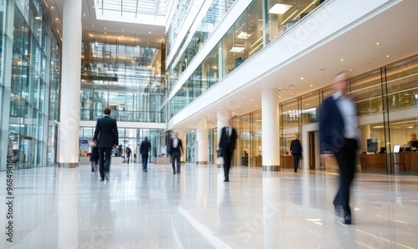 Obraz Busy Office Environment: Large Building with Motion Blur of Workers Walking to Work