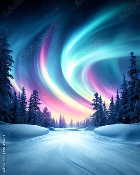 Fototapeta A stunning display of colorful auroras dances over a snowy landscape, creating a serene winter wonderland at night.
