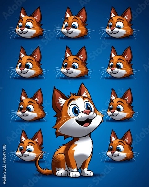 Fototapeta A cute cartoon cat with various expressions, showcasing joy and playfulness against a vibrant blue background.