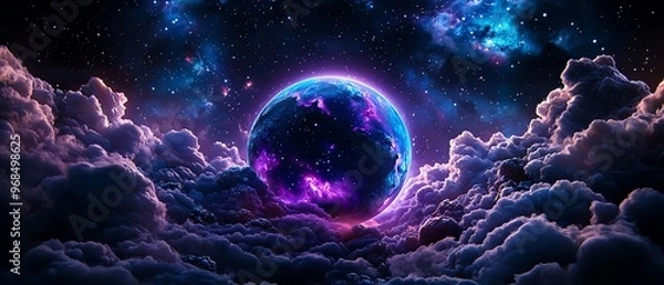 Fototapeta A stunning cosmic scene featuring a colorful planet emerging from vibrant, swirling clouds in a starry sky.