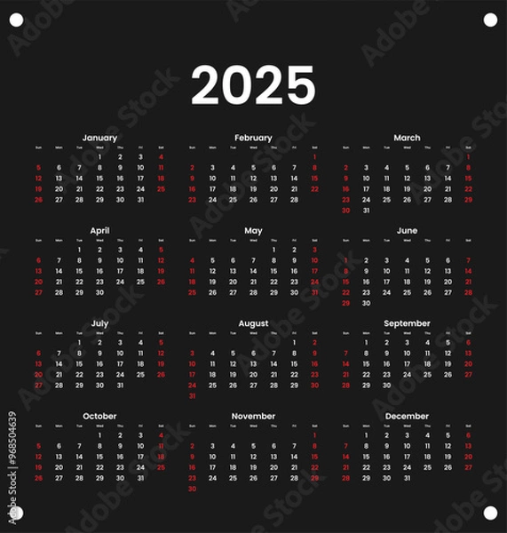 Fototapeta Calendar 2025 starts from Sunday. Minimalist, Clean, Simple and Modern Design. One page Calendar