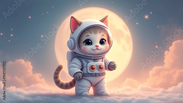 Obraz A whimsical digital illustration of a cartoonish cat astronaut delicately rendered in soft pastel hues celestial backdrop with subtle texture and gentle shading adding depth to the minimalist composit