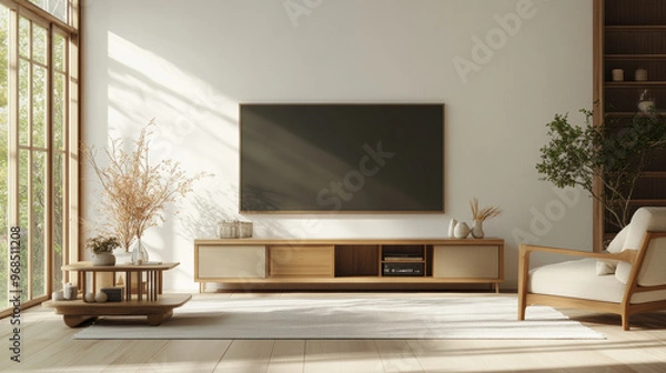 Fototapeta Elegant Japandi style TV wall with wooden furniture, natural light, and greenery creates serene living space. minimalist design enhances tranquility and comfort